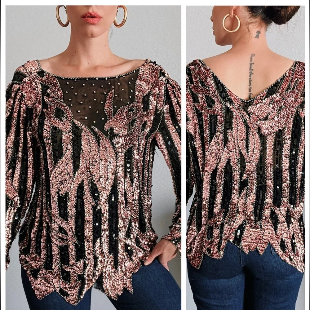 Vintage Sho Max Baby Pink Sequin Top with Rhinestones - Picture 1 of 12
